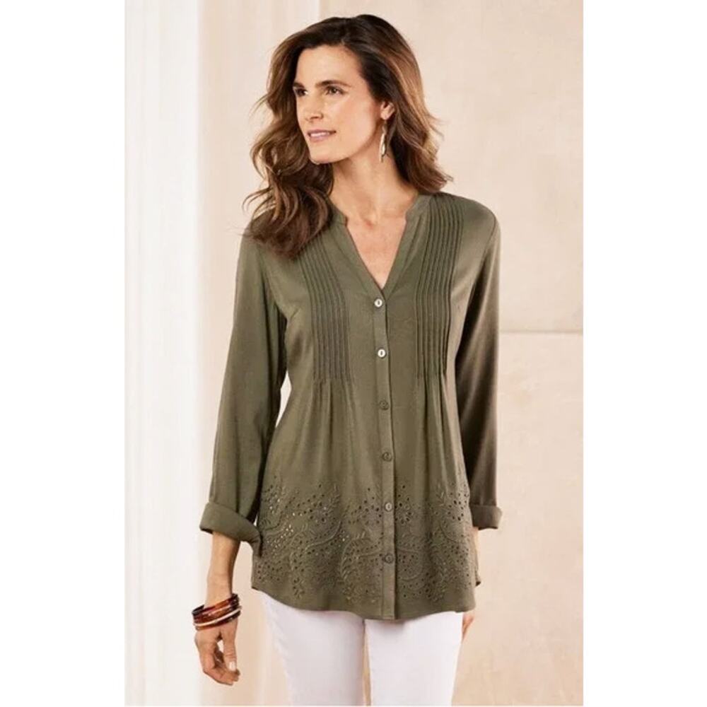 Soft Surroundings Women's Anglaise Blouse Button Down Pintucked Chest Eyelet Hem